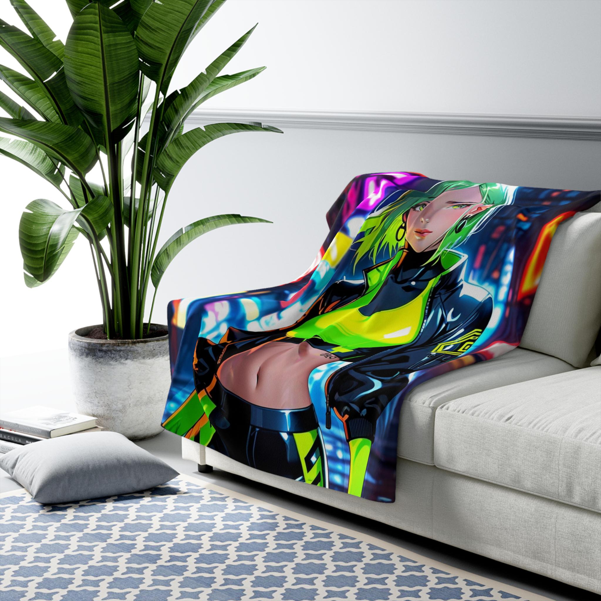 Cyberpunk Anime Girl Sherpa Blanket Neon Glow Futuristic Throw Techwear Gamer Gift for Anime Lovers and Collectors