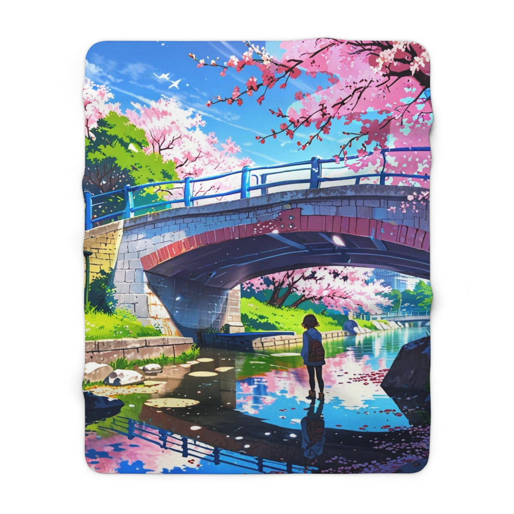 Cherry Blossom Anime Sherpa Blanket Cozy Spring Throw Japanese Bridge Scenery Gift for Anime Lovers and Dreamers