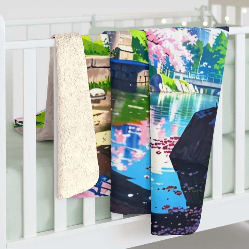 Cherry Blossom Anime Sherpa Blanket Cozy Spring Throw Japanese Bridge Scenery Gift for Anime Lovers and Dreamers