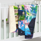 Cherry Blossom Anime Sherpa Blanket Cozy Spring Throw Japanese Bridge Scenery Gift for Anime Lovers and Dreamers