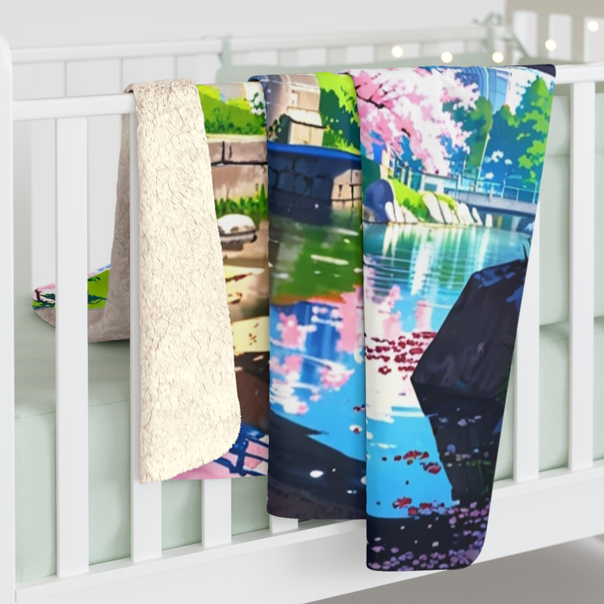 Cherry Blossom Anime Sherpa Blanket Cozy Spring Throw Japanese Bridge Scenery Gift for Anime Lovers and Dreamers