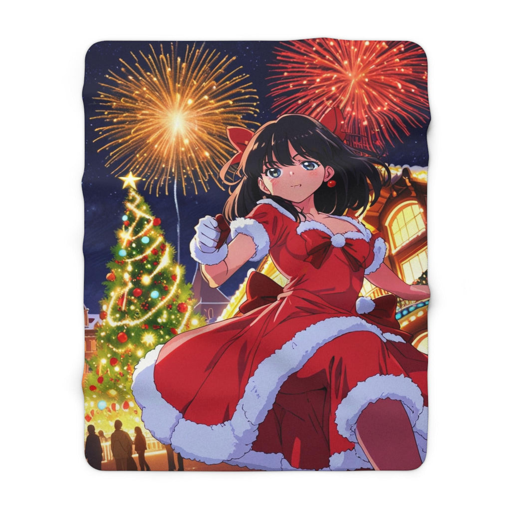 Anime Christmas Sherpa Blanket Holiday Girl Fireworks Tree Cozy Winter Throw Gift for Anime Lovers and Collectors