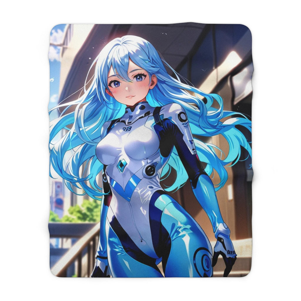 Futuristic Anime Girl Blanket Cyber Blue Techwear Sherpa Throw for Gamers and Anime Fans