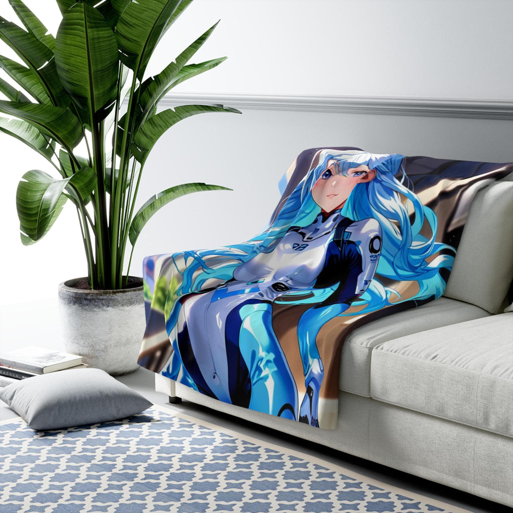 Futuristic Anime Girl Blanket Cyber Blue Techwear Sherpa Throw for Gamers and Anime Fans