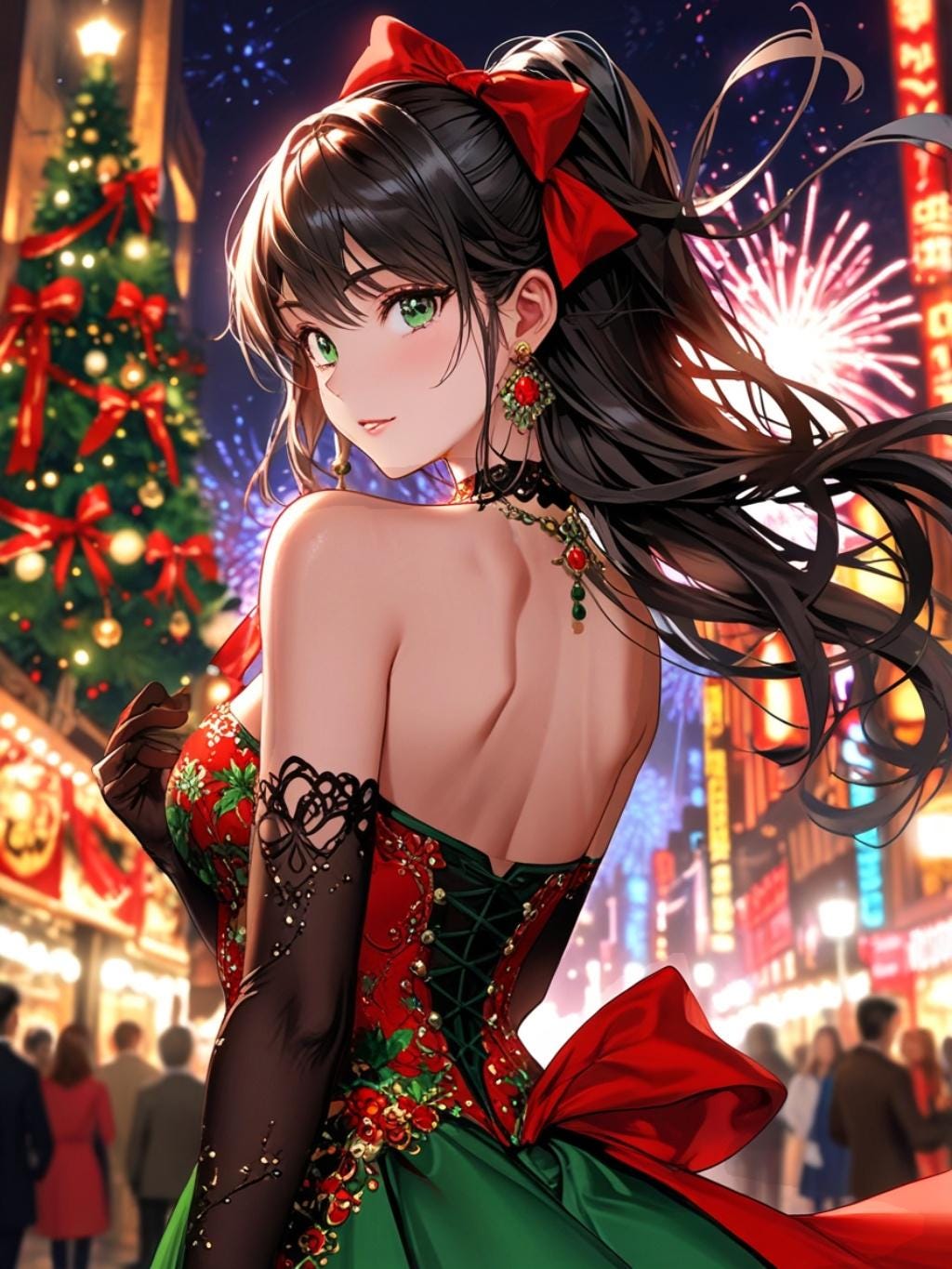 Christmas Anime Girl Blanket Holiday Dress Sherpa Throw with Tree and Fireworks Cozy Otaku Gift