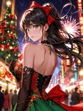 Christmas Anime Girl Blanket Holiday Dress Sherpa Throw with Tree and Fireworks Cozy Otaku Gift