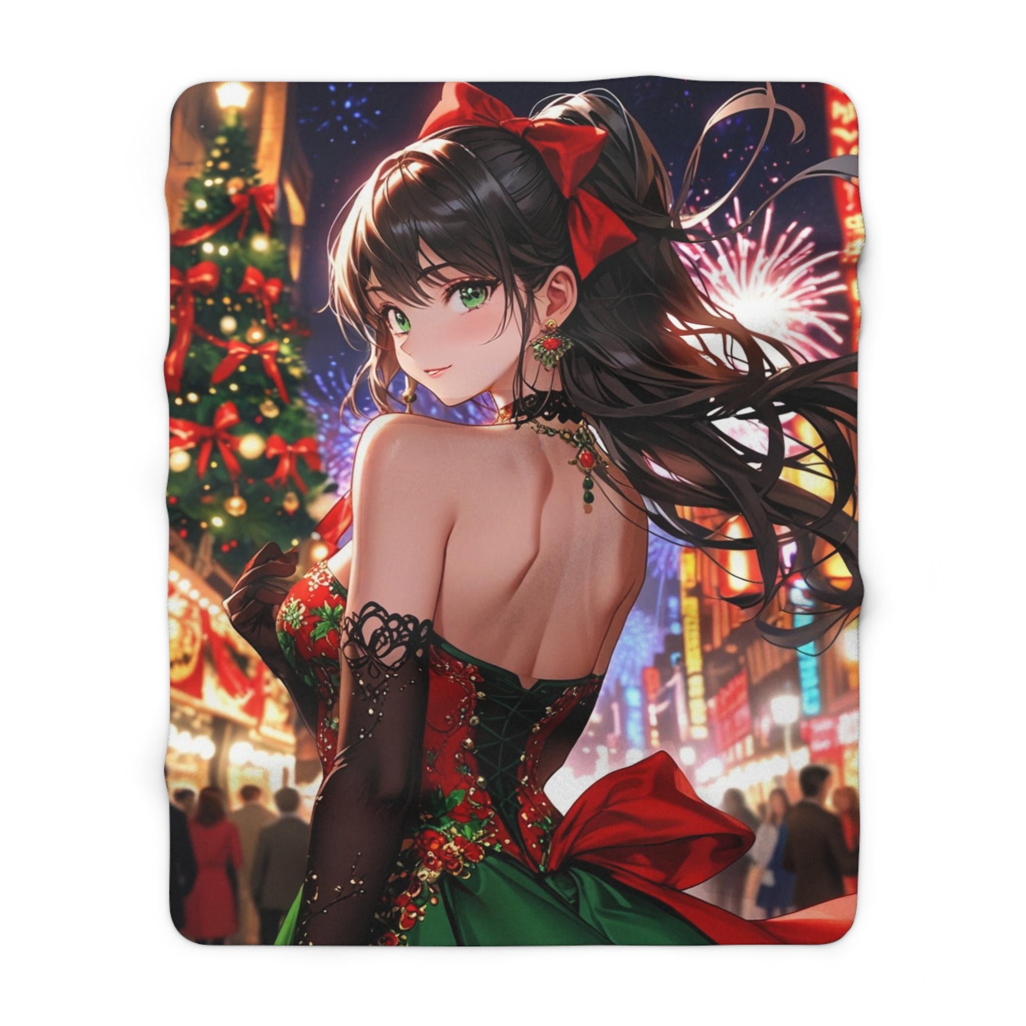 Christmas Anime Girl Blanket Holiday Dress Sherpa Throw with Tree and Fireworks Cozy Otaku Gift