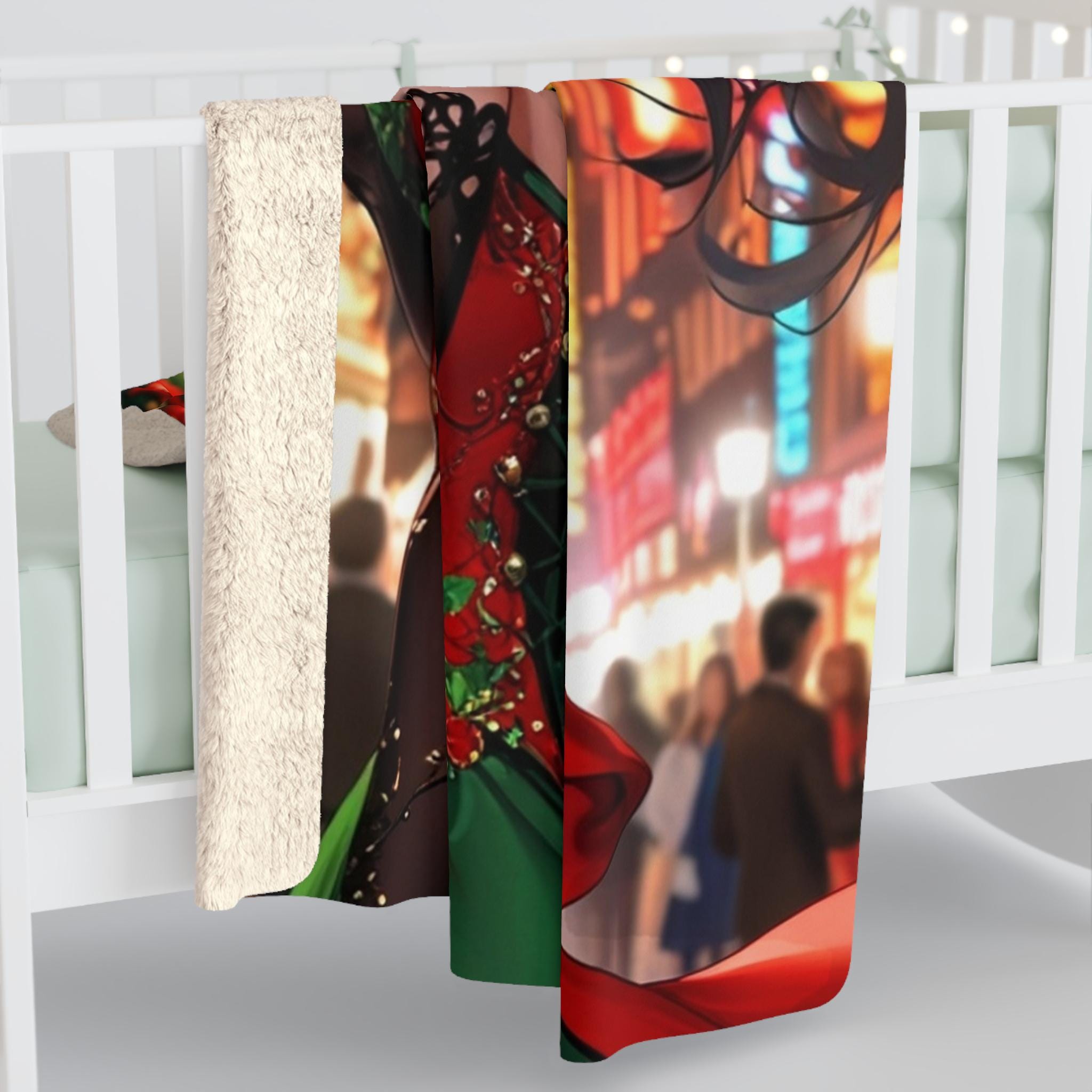 Christmas Anime Girl Blanket Holiday Dress Sherpa Throw with Tree and Fireworks Cozy Otaku Gift