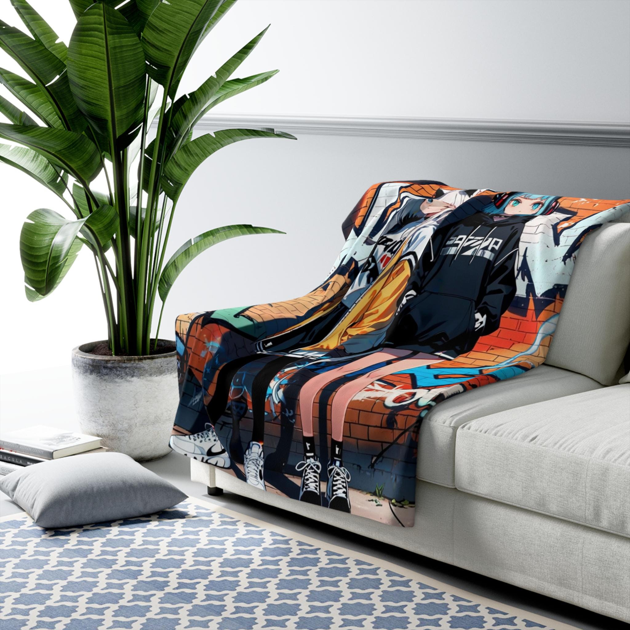 Anime Cat Ear Girls Graffiti Blanket Streetwear Sherpa Throw Urban Otaku Gift for Gamers and Collectors