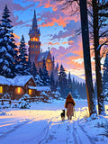Winter Castle Blanket Cozy Snow Scene Sherpa Throw Anime Walk at Sunset Gift for Fantasy Lovers and Dog Owners