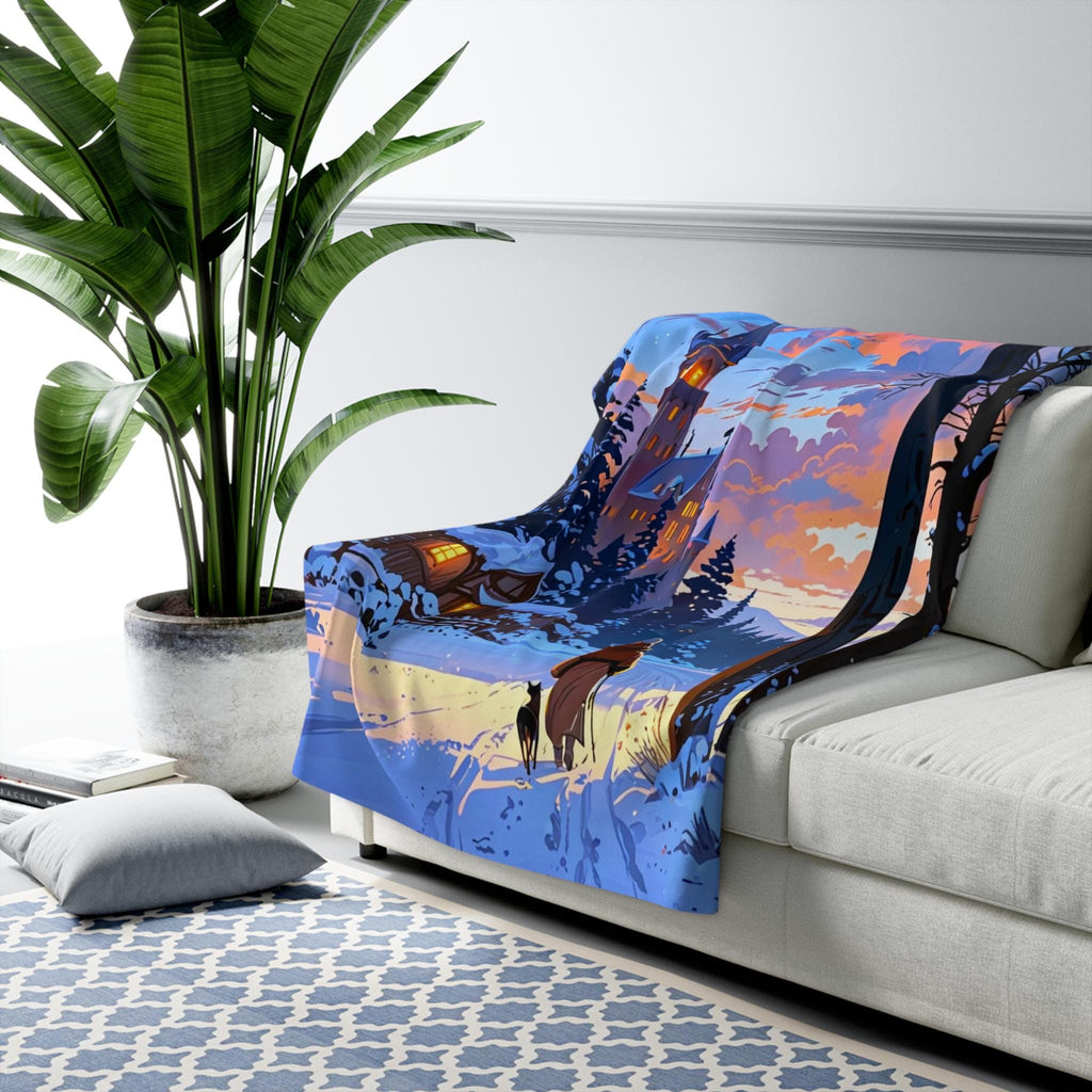 Winter Castle Blanket Cozy Snow Scene Sherpa Throw Anime Walk at Sunset Gift for Fantasy Lovers and Dog Owners