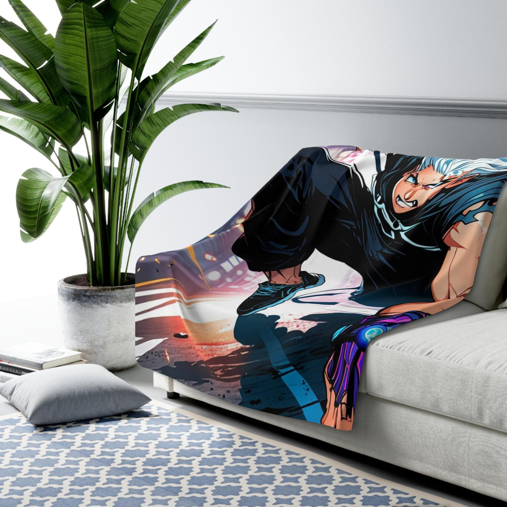 Cyberpunk Anime Sherpa Blanket Neon Street Hero Futuristic Techwear Gift for Gamers and Anime Fans