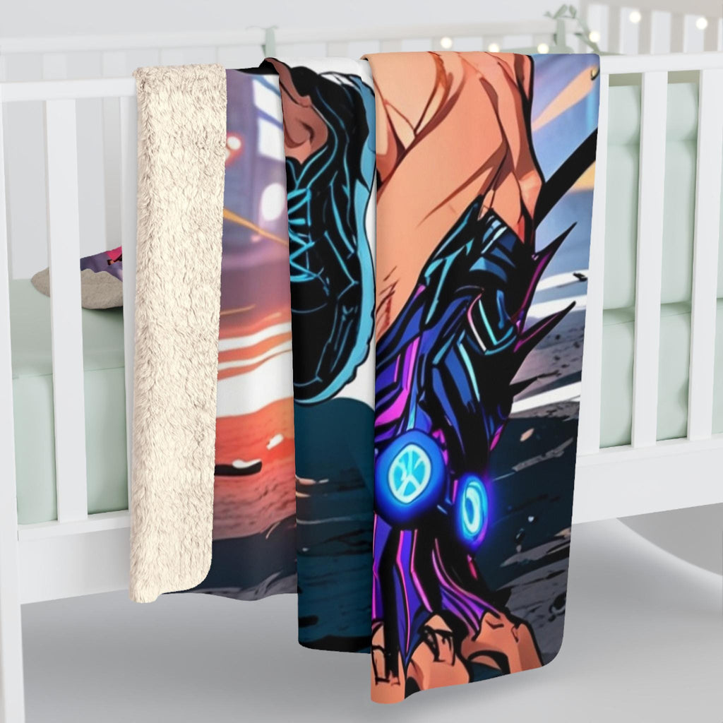 Cyberpunk Anime Sherpa Blanket Neon Street Hero Futuristic Techwear Gift for Gamers and Anime Fans