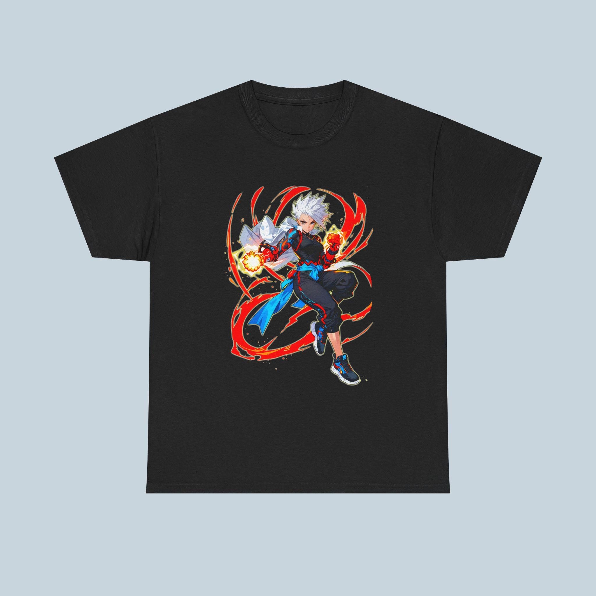 Fire Anime Fighter T-Shirt Neon Glow Power Pose Streetwear Gift for Anime Fans and Gamers