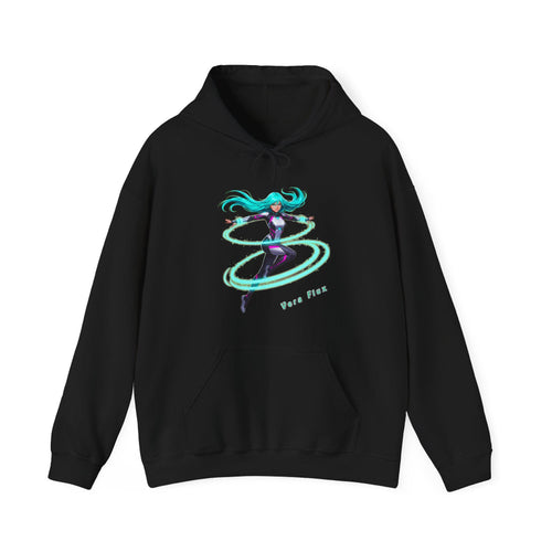 Anime Hoodie Vera Flux Neon Time Loop Girl Glowing Spiral Power Futuristic Hoodie Epic Anime Apparel Black Fleece Medium Fit Matching Print