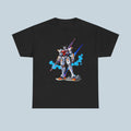 Black t-shirt with a robot graphic on a light blue background
