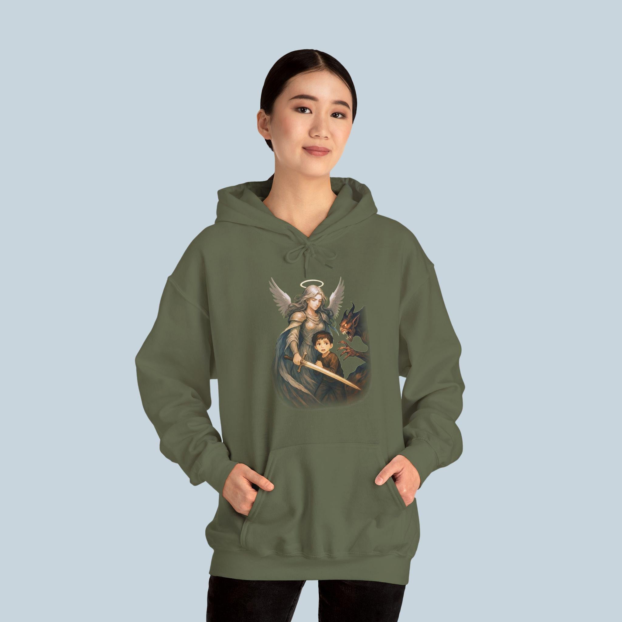 Guardian Angel Hoodie Anime Style, Protective Angel and Child Artwork Spiritual Gift Hoodie for Anime Fans and Collectors