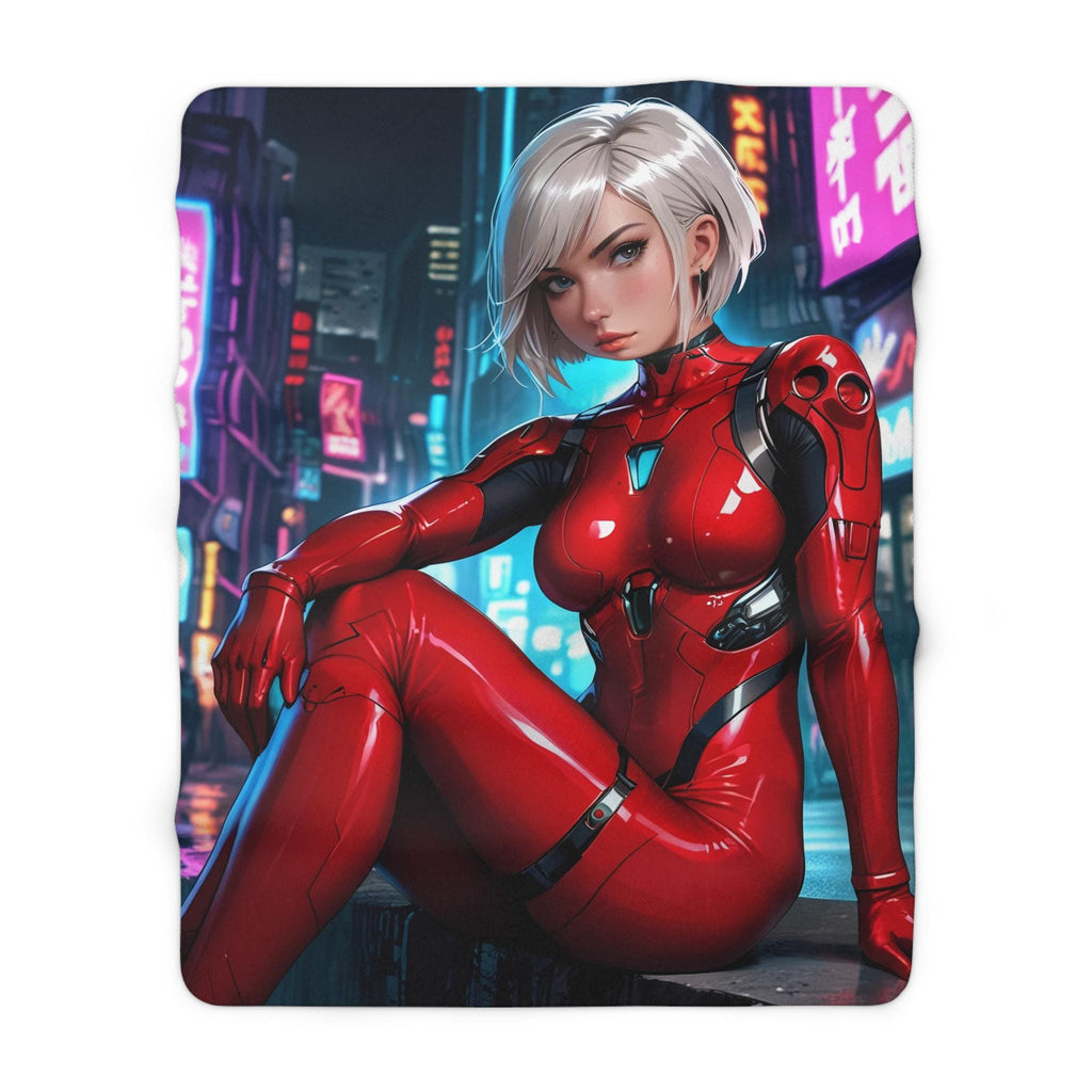 Red Cyberpunk Girl Blanket, Anime Sherpa Throw with Neon City Glow | Sci-Fi Fleece for Gamers, Otaku, and Collectors | Epic Anime Apparel