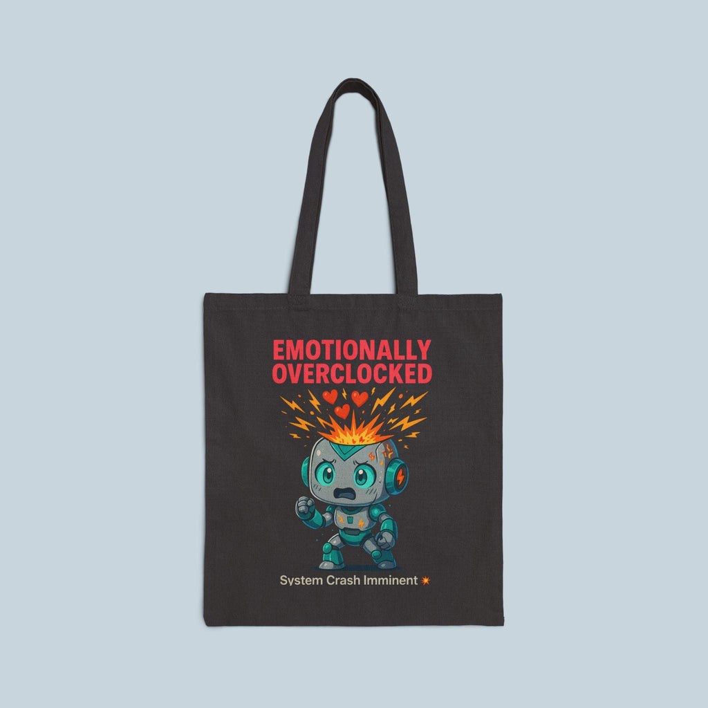 Emotionally Overclocked Tote Bag | Funny Robot Overload Canvas Tote | Cute Nerdy Gift for Gamers, Coders, Engineers, and Anime Fans