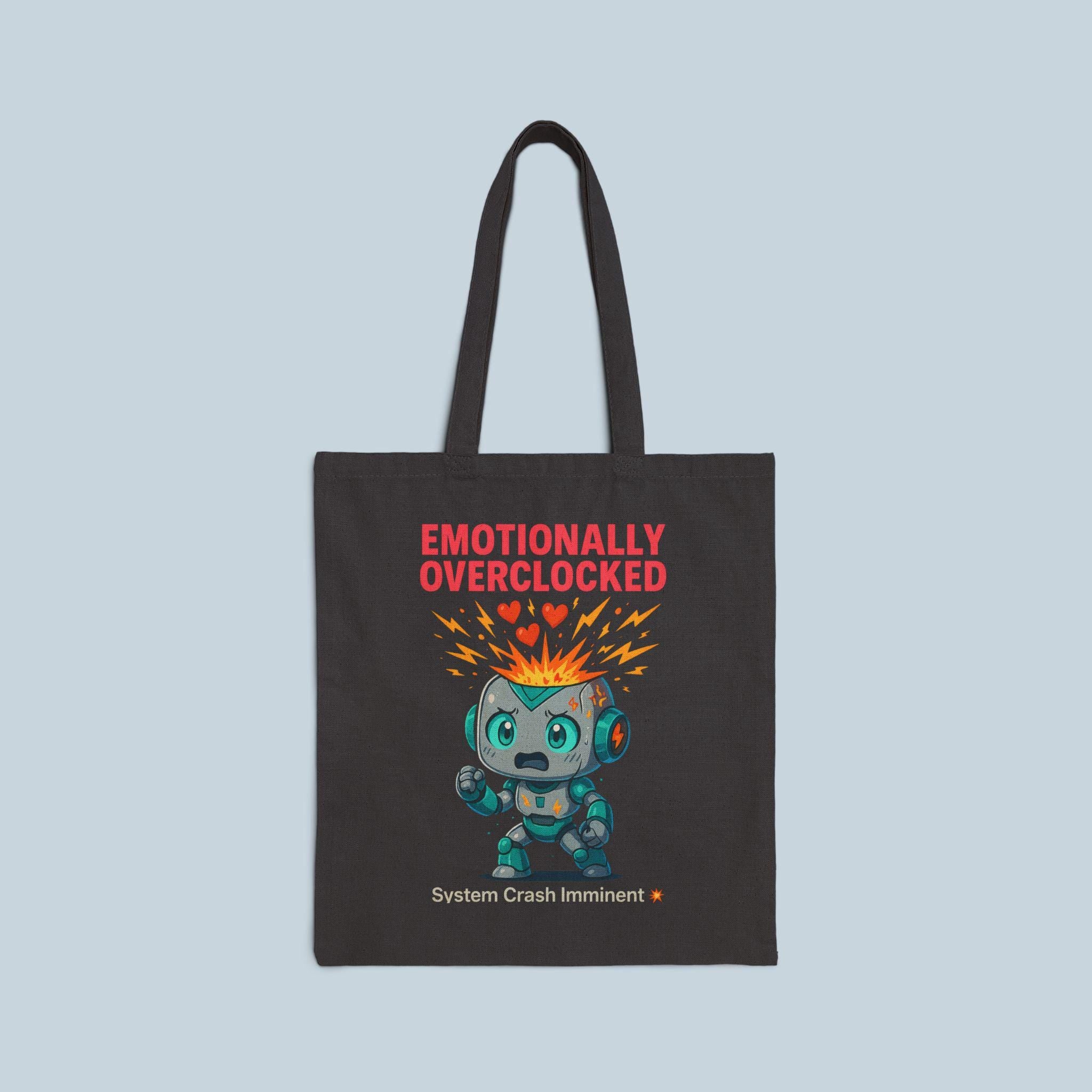 Emotionally Overclocked Tote Bag | Funny Robot Overload Canvas Tote | Cute Nerdy Gift for Gamers, Coders, Engineers, and Anime Fans