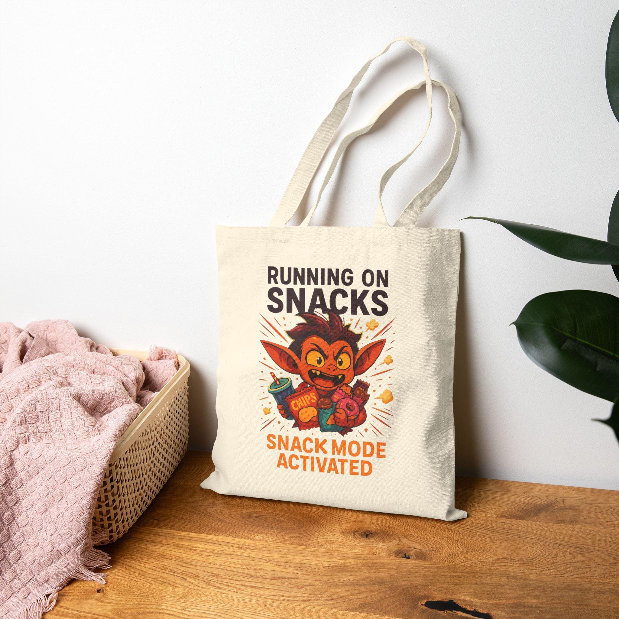 Running on Snacks Tote | Funny Goblin Anime Style Canvas Tote | Snack Mode Activated Gift for Foodies, Gamers, Students, and Gremlin Girls