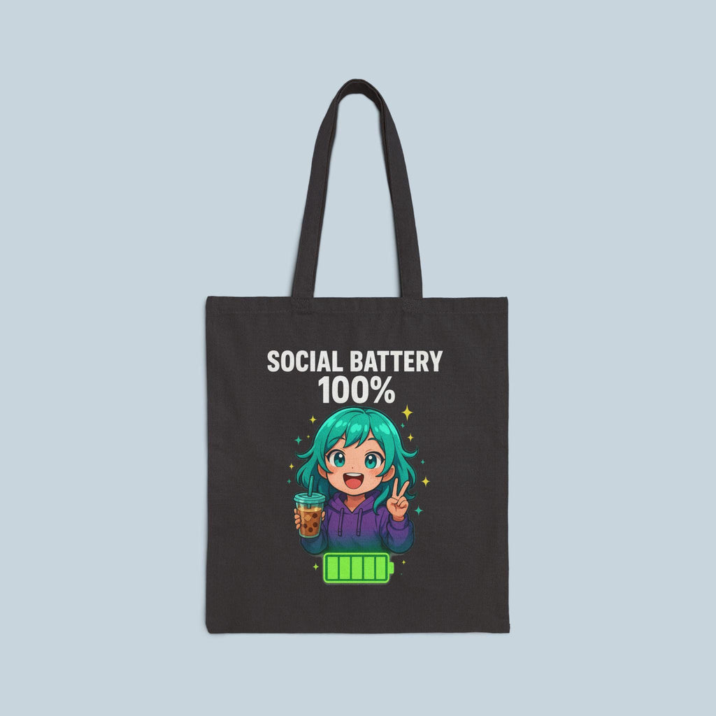 Social Battery 100% Tote Bag | Cute Anime Girl with Boba, Recharge Graphic
