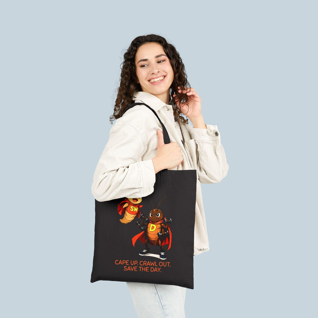 SuperWorm and D-Roach Tote Bag | Funny Eco Hero Reusable Canvas Bag | Cute Cartoon Superhero Insect Gift for Kids and Garden Lovers