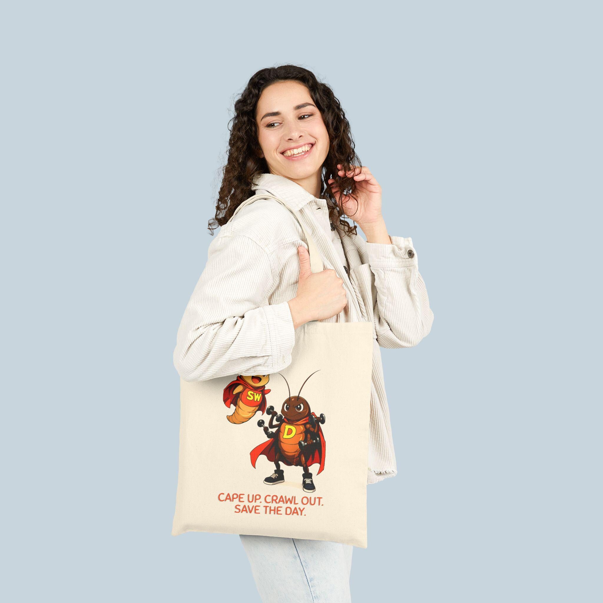 SuperWorm and D-Roach Tote Bag | Funny Eco Hero Reusable Canvas Bag | Cute Cartoon Superhero Insect Gift for Kids and Garden Lovers