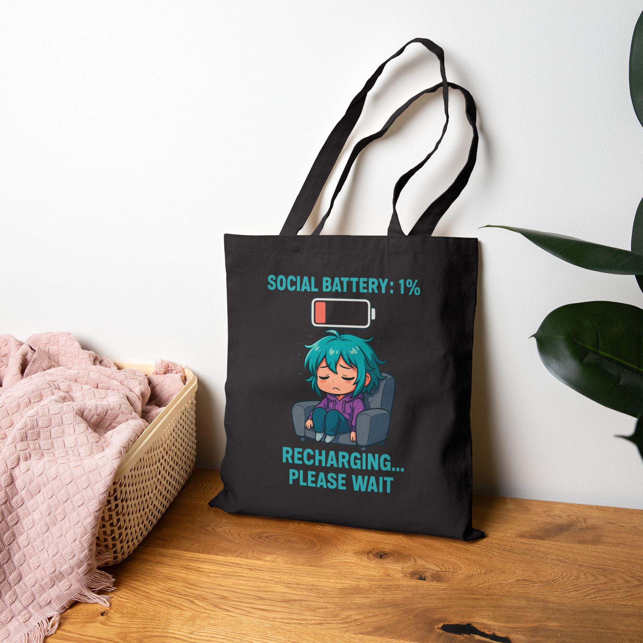 Social Battery 1% Tote Bag | Funny Introvert Anime Girl Canvas Tote | Recharging Please Wait Bag Gift for Gamers, Students, Coffee Lovers