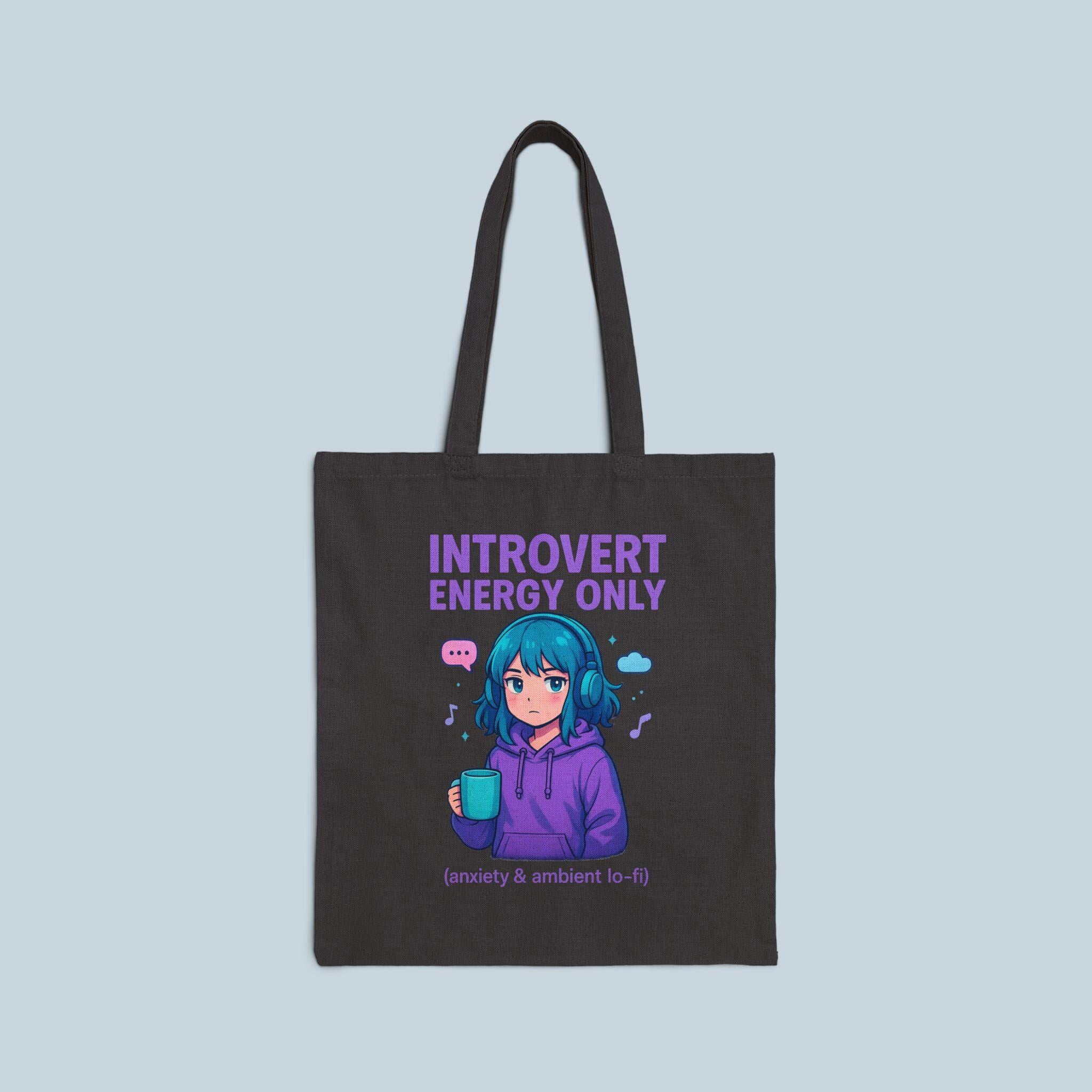 Introvert Energy Only Tote Bag Funny Lo-Fi Anime Girl Anxiety Gift for Shy People and Chill Vibes Fans
