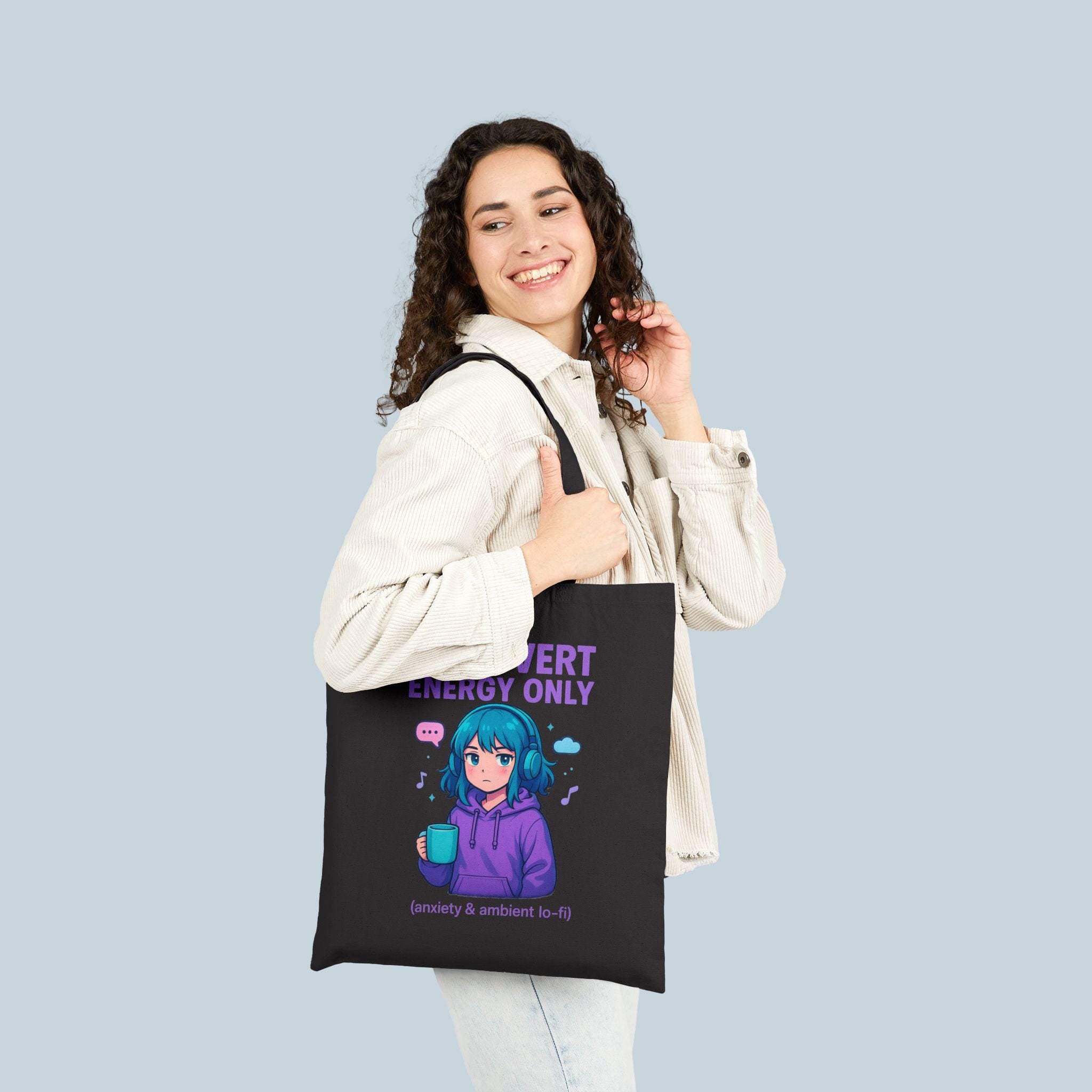 Introvert Energy Only Tote Bag Funny Lo-Fi Anime Girl Anxiety Gift for Shy People and Chill Vibes Fans