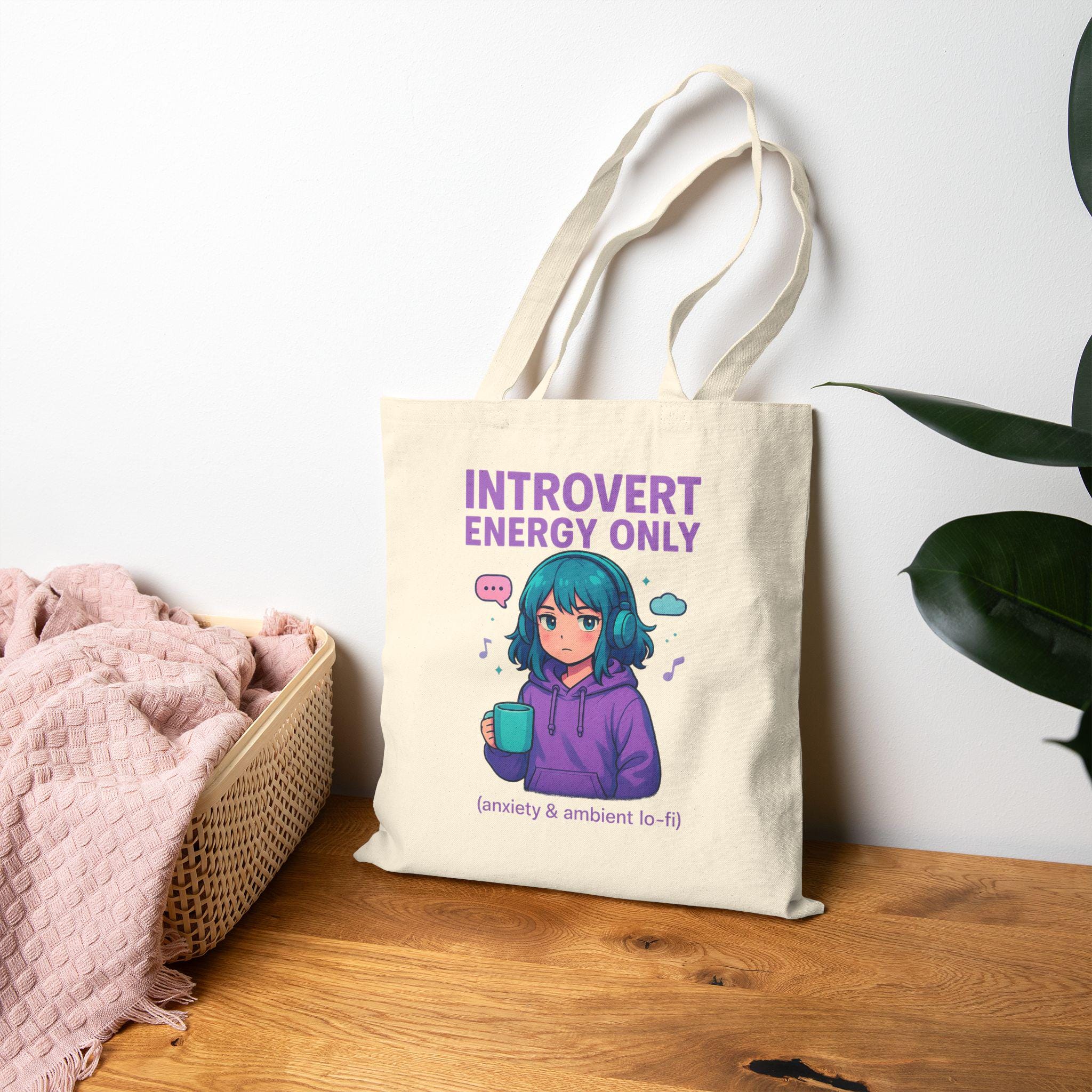 Introvert Energy Only Tote Bag Funny Lo-Fi Anime Girl Anxiety Gift for Shy People and Chill Vibes Fans