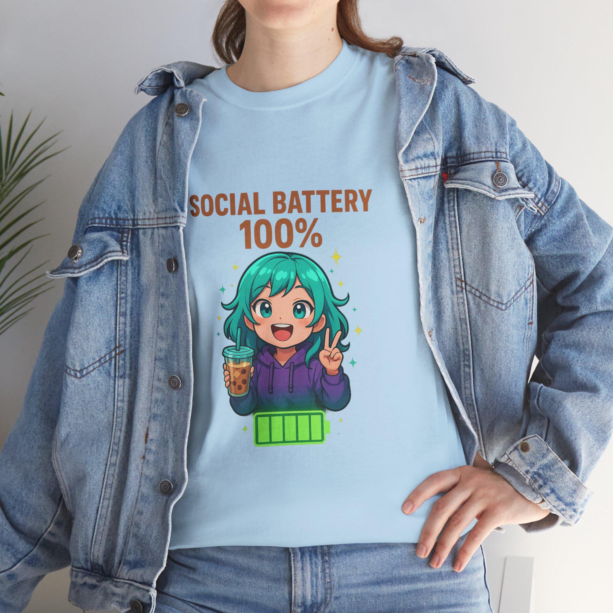 Social Battery 100% Anime Shirt Kawaii Boba Tea T-Shirt Cute Funny Gift for Anime Lovers and Introverts