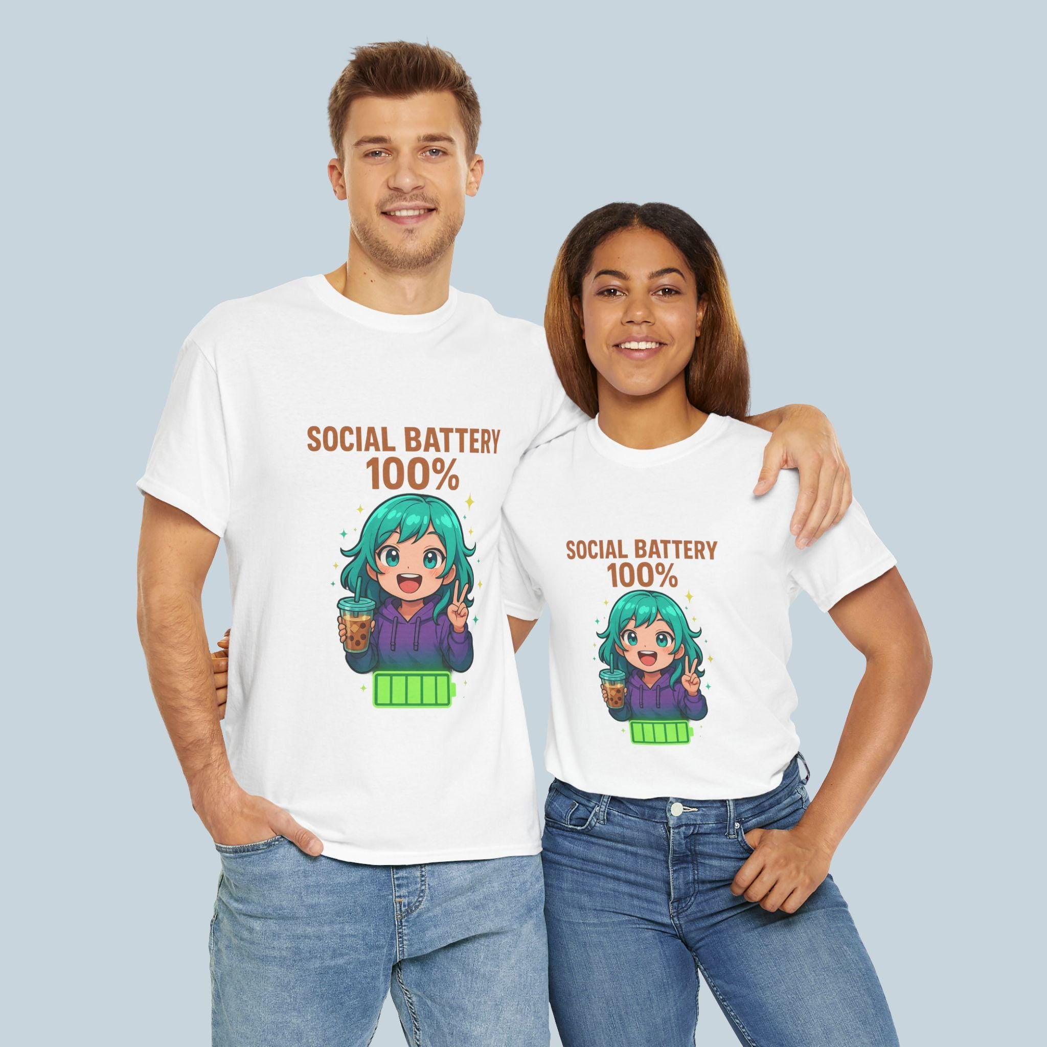 Social Battery 100% Anime Shirt Kawaii Boba Tea T-Shirt Cute Funny Gift for Anime Lovers and Introverts