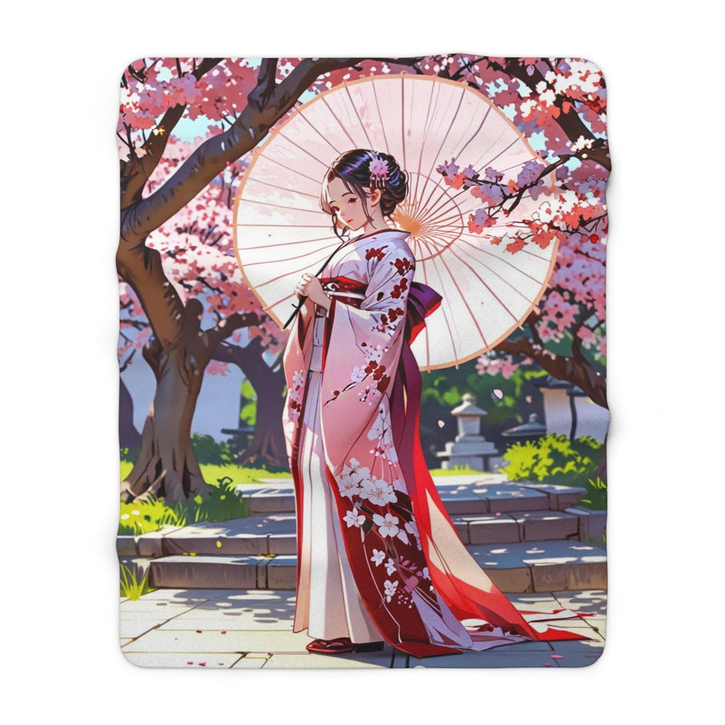 Sakura Kimono Girl Sherpa Blanket Anime Spring Cozy Gift for Japan Lovers and Dreamers