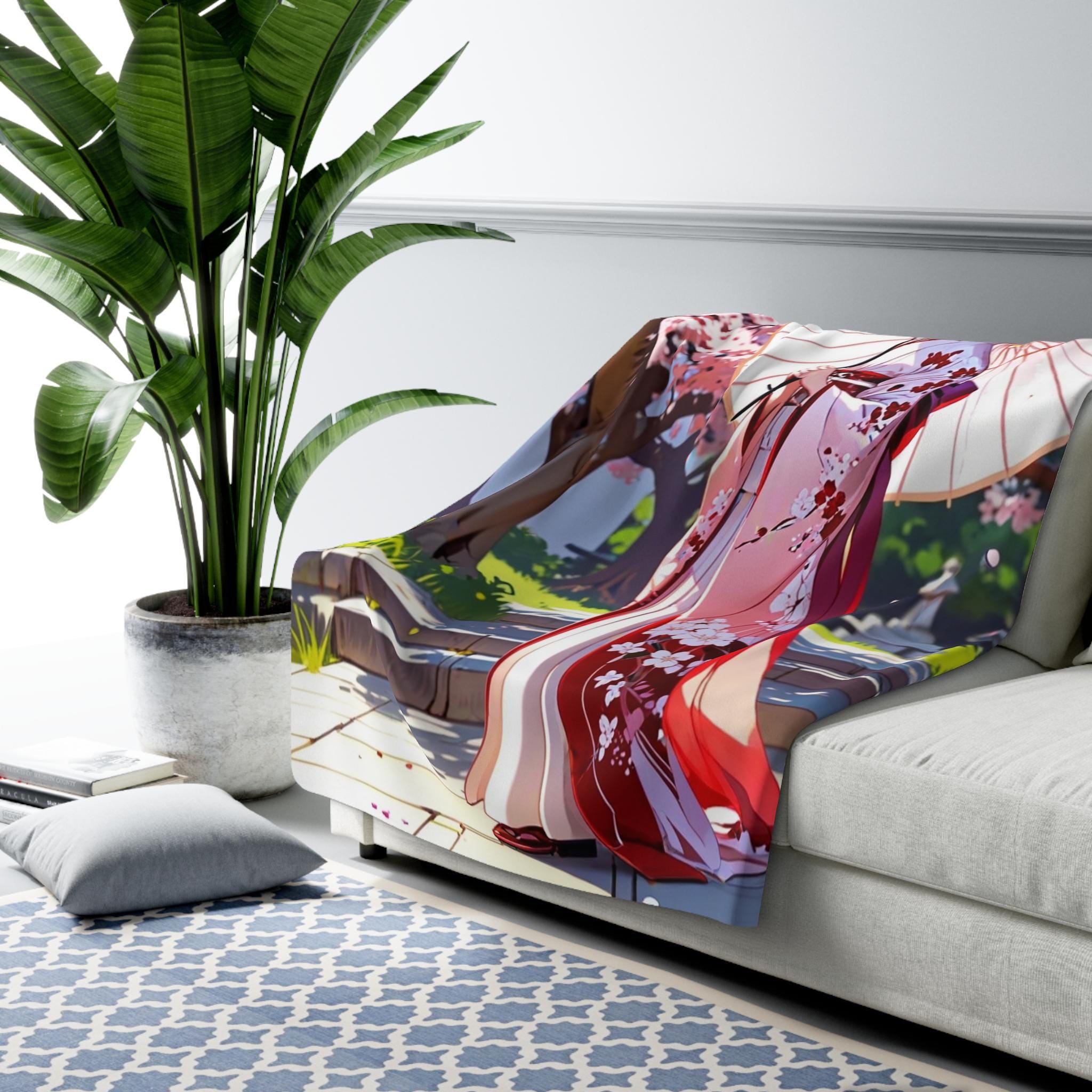 Sakura Kimono Girl Sherpa Blanket Anime Spring Cozy Gift for Japan Lovers and Dreamers