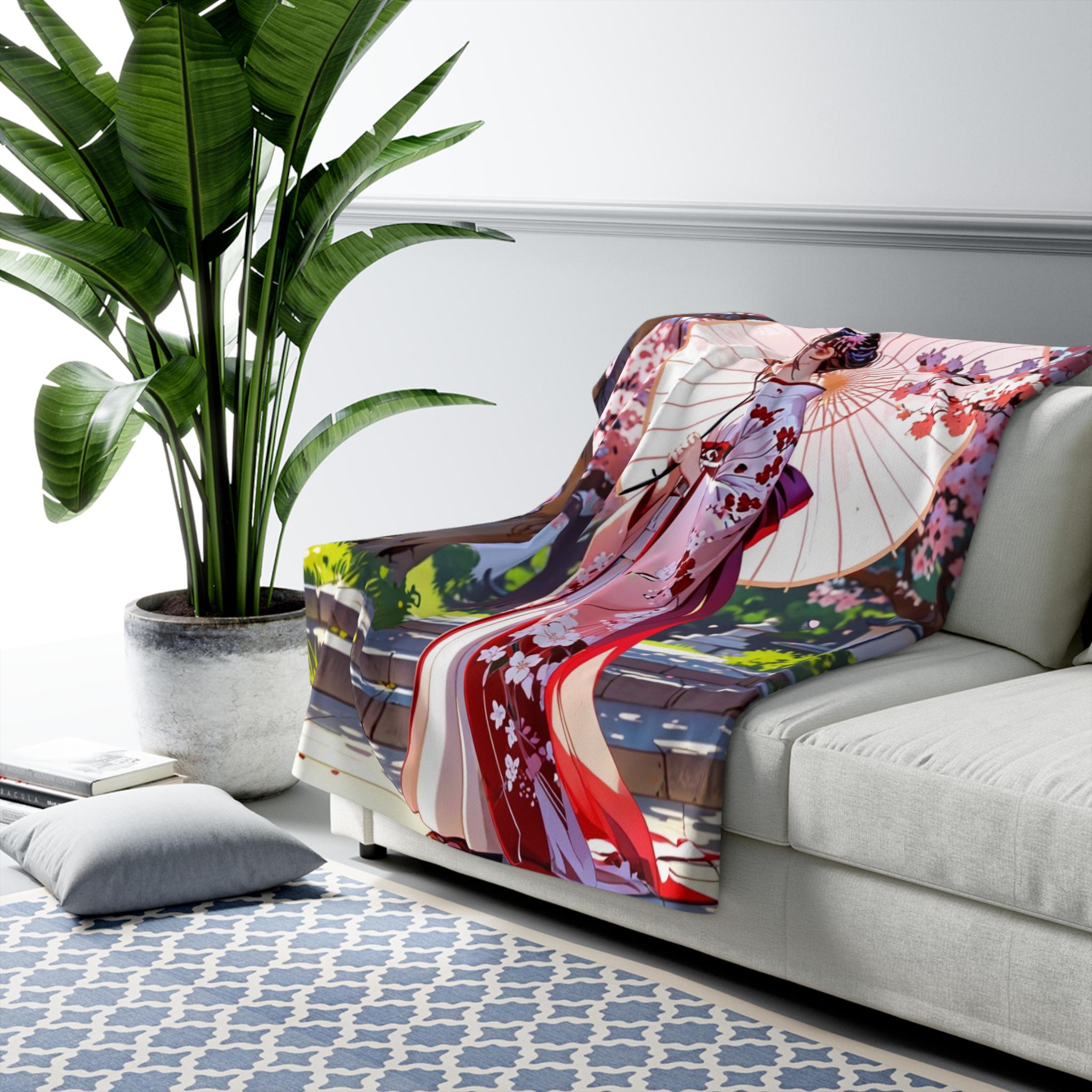 Sakura Kimono Girl Sherpa Blanket Anime Spring Cozy Gift for Japan Lovers and Dreamers