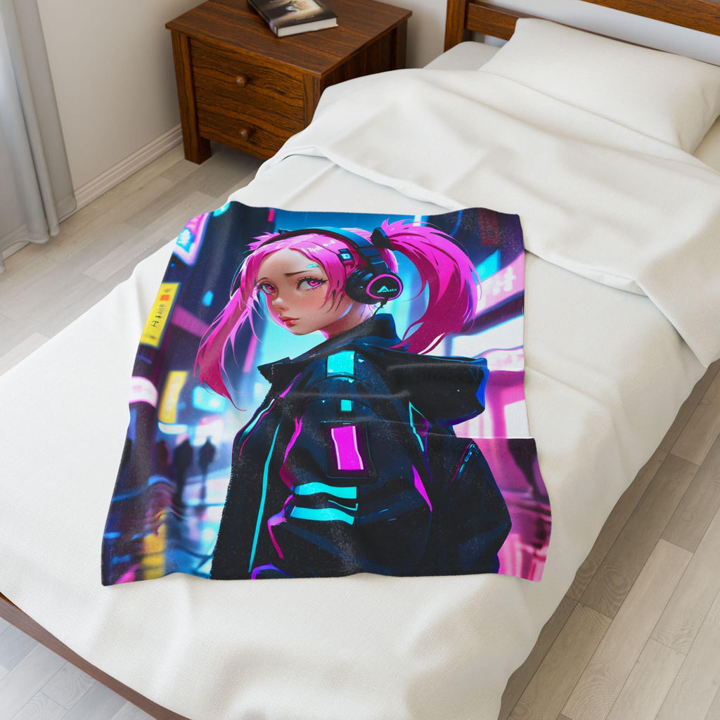 Cyberpunk Velveteen Plush Blanket - Cozy Throw for Gaming Room, Gift for Her, Futuristic Decor, Soft Blanket, Anime Aesthetic