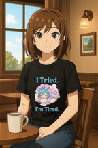 I Tried I'm Tired Anime Shirt, Cute Sleepy Anime Girl Tee for Student, Gamers & Introvert, Funny Pastel Kawaii T-Shirt Gift for Tired People