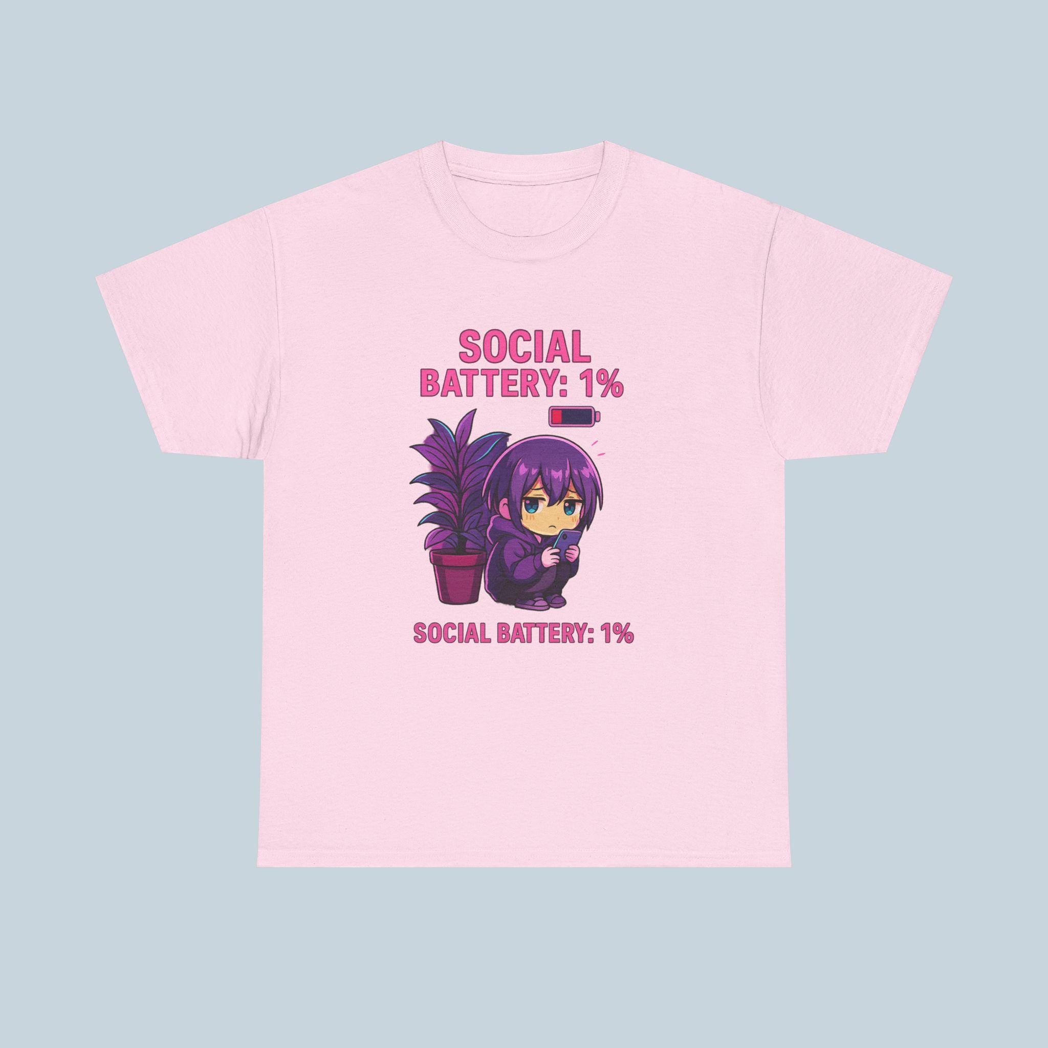 Social Battery 1 Percent Shirt Cute Anime Introvert Tee Funny Kawaii Chibi T Shirt for Low Energy Days Cozy Gift Idea