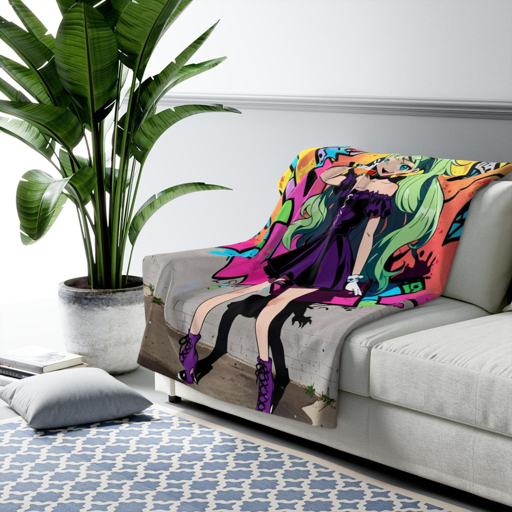 Graffiti Anime Girl Sherpa Blanket Street Art Neon Cozy Gift for Anime Fans and Gamers