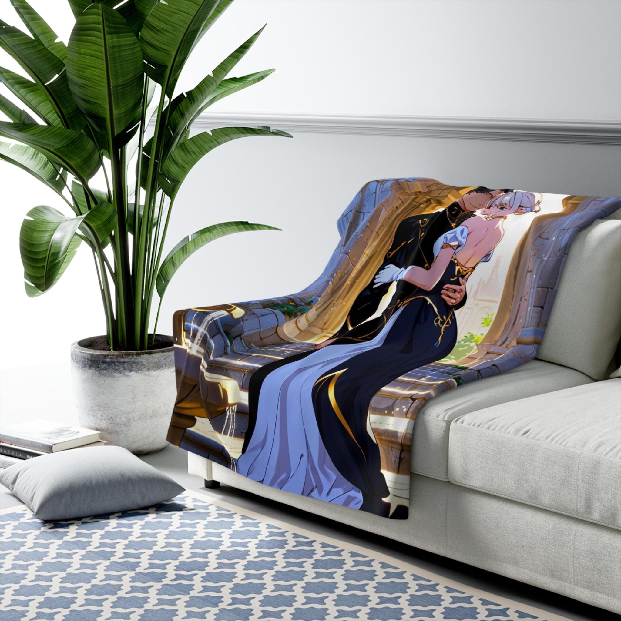 Romantic Anime Couple Sherpa Blanket Fantasy Castle Cozy Gift for Anime Lovers and Dreamers