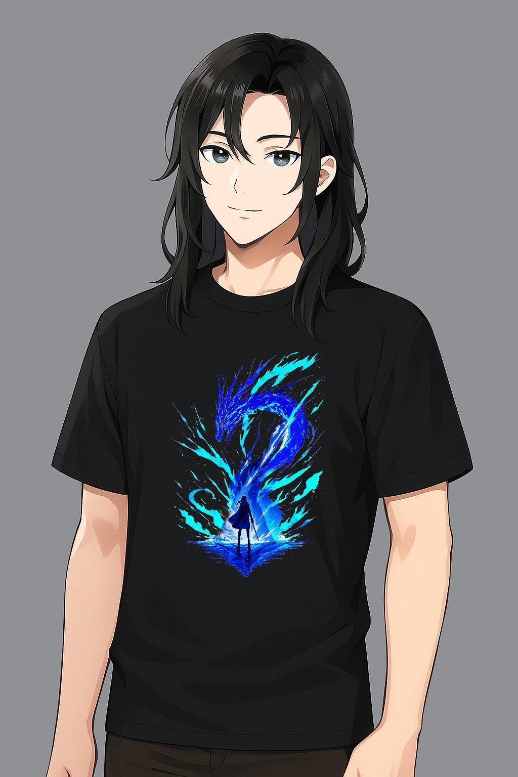 Blue Dragon Spirit Anime T Shirt Neon Fire Fantasy Graphic Tee for Gamers and Anime Fans