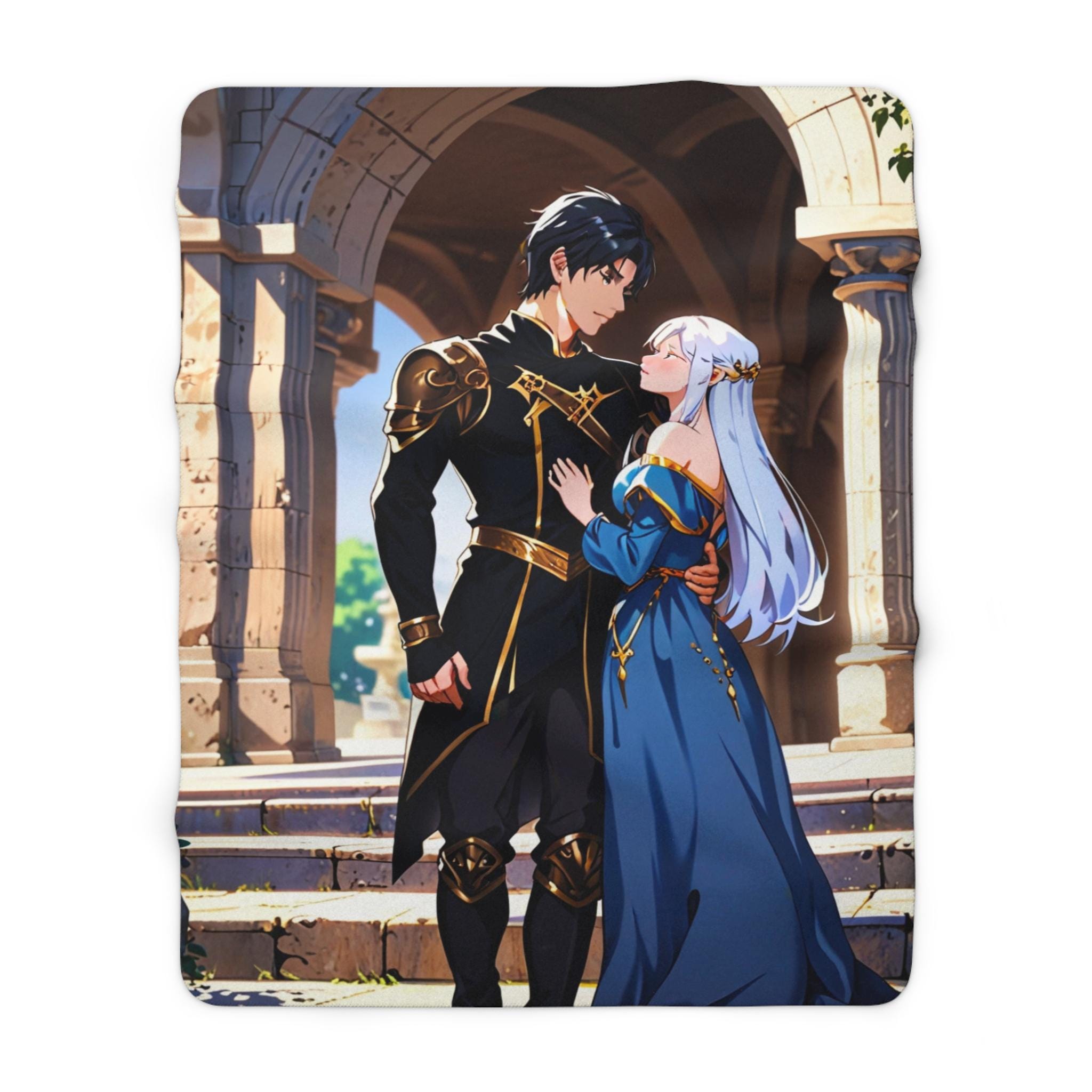 Royal Anime Couple Sherpa Blanket Fantasy Castle Cozy Gift for Anime Lovers and Dreamers