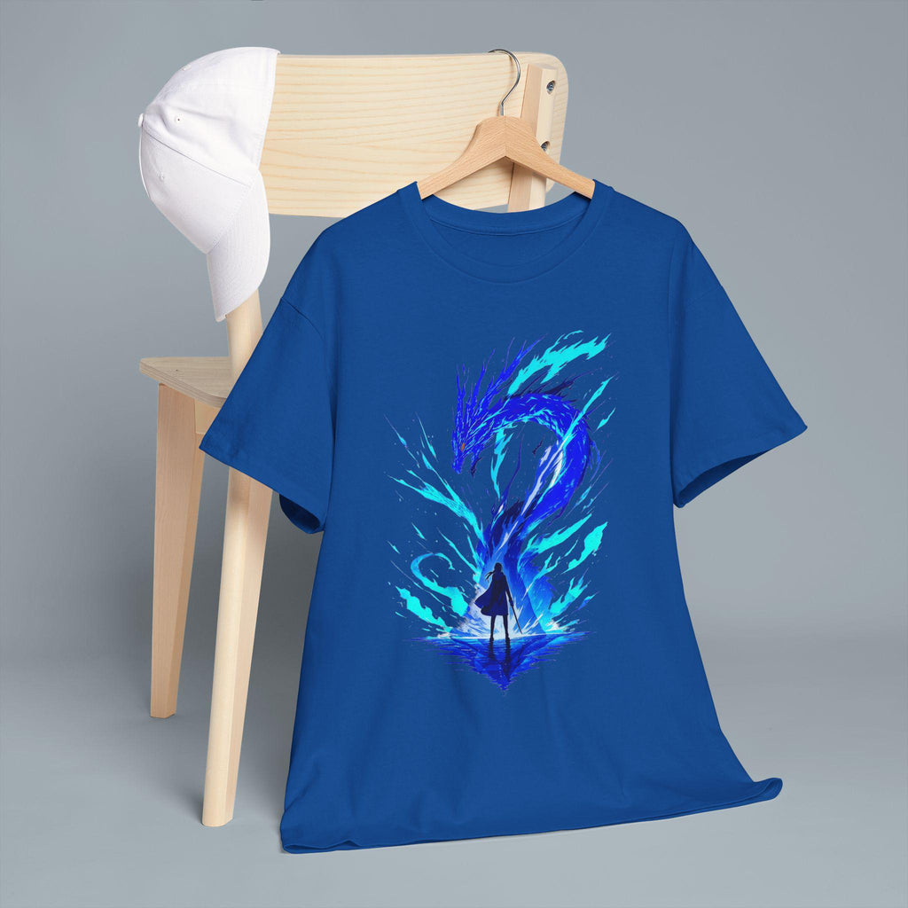 Blue Dragon Spirit Anime T Shirt Neon Fire Fantasy Graphic Tee for Gamers and Anime Fans