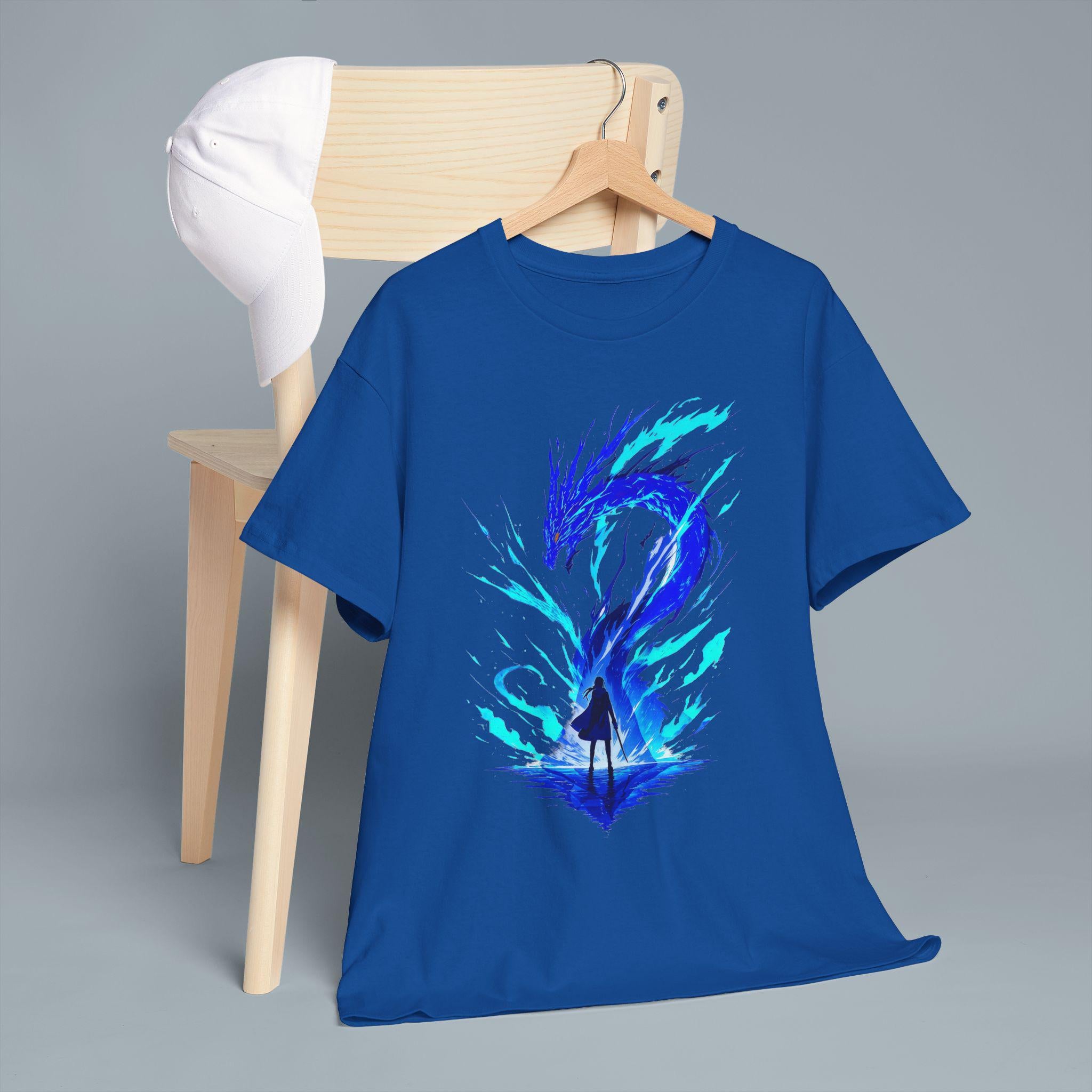 Blue Dragon Spirit Anime T Shirt Neon Fire Fantasy Graphic Tee for Gamers and Anime Fans