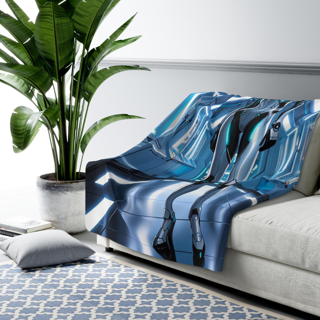 Cyber Anime Girl Sherpa Blanket Futuristic Neon Sci Fi Cozy Gift for Gamers and Collectors