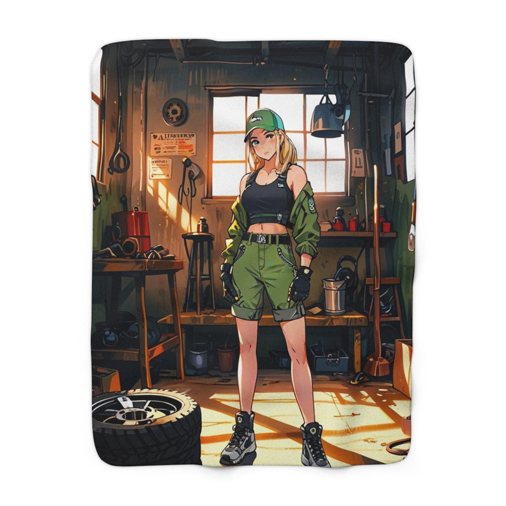 Anime Mechanic Girl Sherpa Blanket Cozy Garage Scene Gift for Anime Fans and Gamers