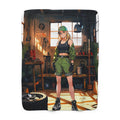 Anime Mechanic Girl Sherpa Blanket Cozy Garage Scene Gift for Anime Fans and Gamers