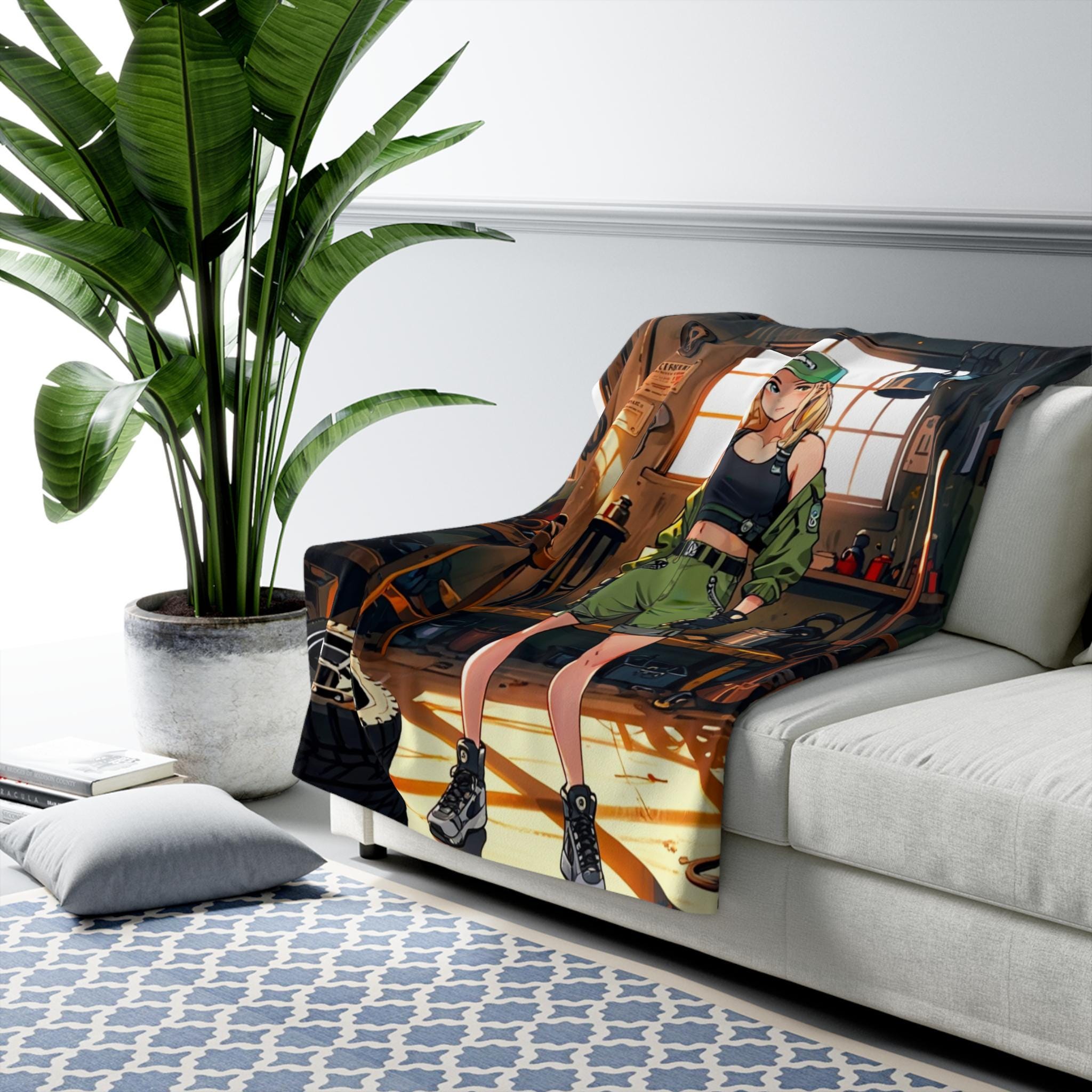 Anime Mechanic Girl Sherpa Blanket Cozy Garage Scene Gift for Anime Fans and Gamers